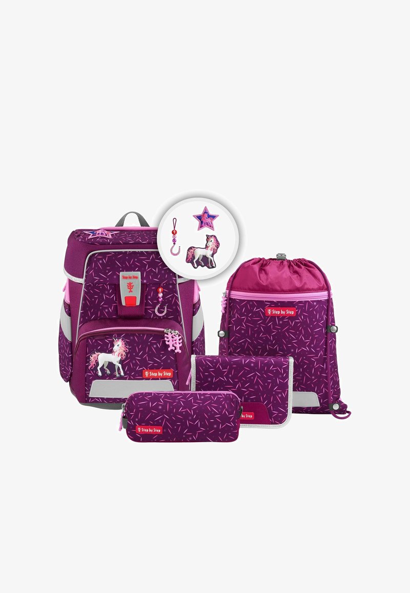 Lila Schulranzen-Set mit geometrischen Mustern, Einhornmotiven und reflektierenden Akzenten. Enthält einen Rucksack, eine Sporttasche, ein Federmäppchen und eine Geldbörse.