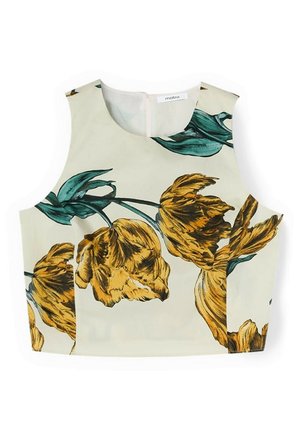 Ærmeløs cremefarvet crop top med stort gult og grønt tulipan blomstertryk og rund halsudskæring.