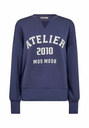 Felpa blu navy a maniche lunghe con testo bianco "ATELIER 2010 MOS MOSH" sul davanti e polsini e orlo a coste.