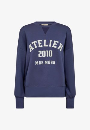 Tengerészkék hosszú ujjú pulóver fehér "ATELIER 2010 MOS MOSH" felirattal az elején, bordázott mandzsettákkal és szegéllyel.