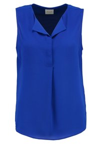 Niebieska bezrękawnikowa bluzka z kołnierzykiem, wykonana z gładkiego materiału, z przeszłym zapięciem i lekko zaokrąglonym dołem.