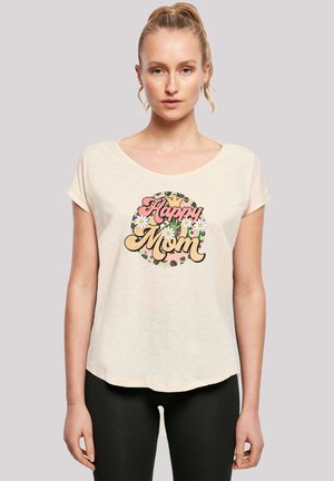 Cremfarbendes T-Shirt mit kurzen Ärmeln, das das Grafikdesign "Glückliche Mama" mit floralen Akzenten und einem Leopardenmuster-Kreis zeigt. Leicht und locker geschnitten.
