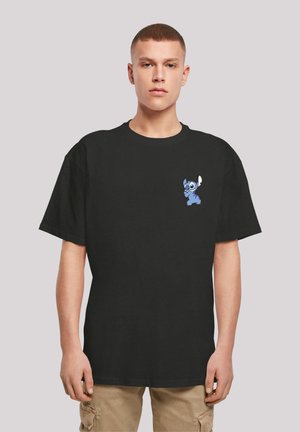 Black cotton t-shirt featuring a blue cartoon character on the left chest. Short sleeves and a relaxed fit design.