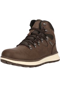 Braune Wanderschuhe aus Leder mit Mesh-Akzenten, Metallösen und dicker weißer Sohle. Sie verfügen über robuste Schnürsenkel und gepolsterten Knöchelstütze.