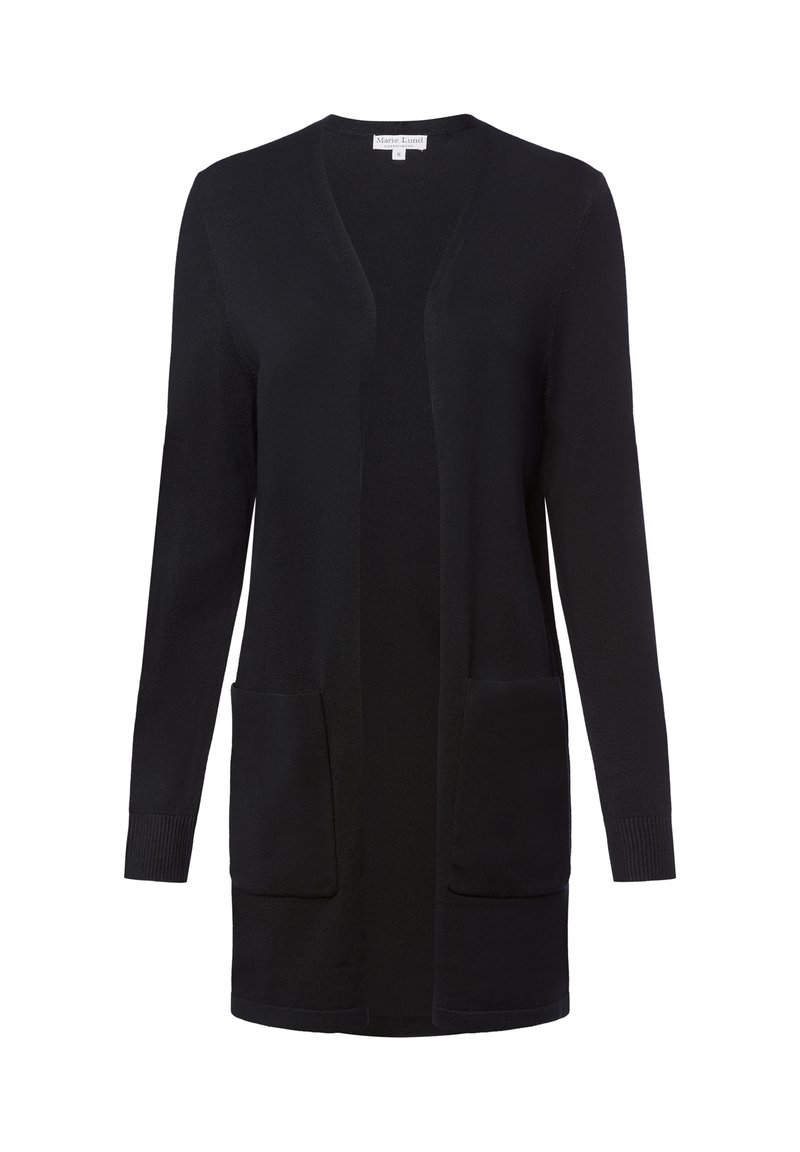 Long cardigan noir avec une ouverture à l'avant, deux poches avant et des poignets côtelés. Fabriqué en tissu tricoté doux. Design simple et classique.