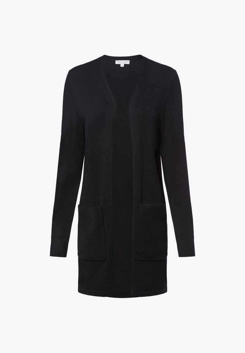 Long cardigan noir avec une ouverture à l'avant, deux poches avant et des poignets côtelés. Fabriqué en tissu tricoté doux. Design simple et classique.