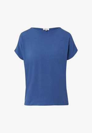 Modrá krátka rukávová tričko vyrobené z mäkkej bavlny, s okrúhlym výstrihom a uvoľneným strihom bez viditeľných vzorov alebo detailov.