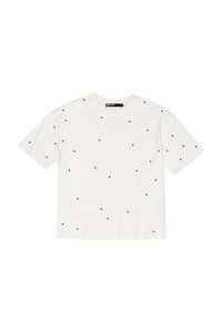 Biała bawełniana koszulka z luźnym krojem, z małymi czarnymi kropkami równomiernie rozmieszczonymi na całej powierzchni. Krótkie rękawy, okrągły dekolt.