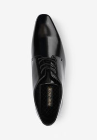 Black leather dress shoe with a shiny finish, pointed toe, and lace-up design. Side features textured perforated detailing.