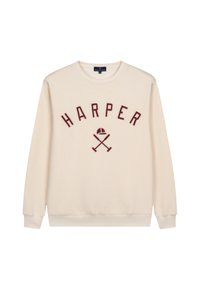 Sudadera crema con el texto bordado en rojo "HARPER" encima de un gráfico de murciélagos cruzados y una gorra. Textura suave, cuello redondo y puños acanalados.