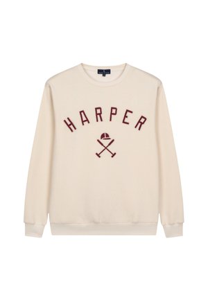 Sudadera crema con el texto bordado en rojo "HARPER" encima de un gráfico de murciélagos cruzados y una gorra. Textura suave, cuello redondo y puños acanalados.