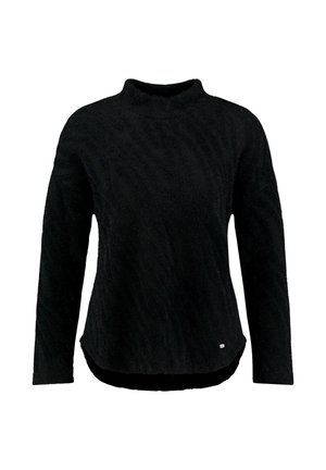 Pulover negru cu mâneci lungi și guler înalt, cu textură subtilă și un mic logo pe partea dreaptă frontală, jos.