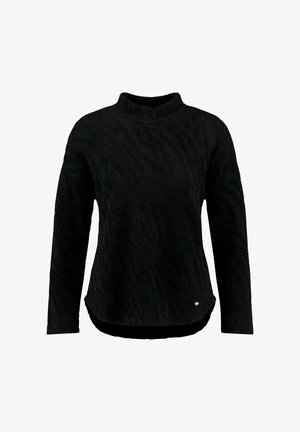 Zwarte coltrui met lange mouwen, subtiele textuur en een klein logo aan de onderkant aan de rechter voorkant.