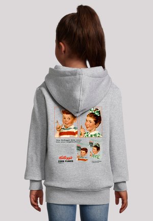 Grauer Kapuzenpullover mit Vintage-Werbung für Kellogg's Corn Flakes auf der Rückseite, die zwei Kinder in bunten Kleidern zeigt.