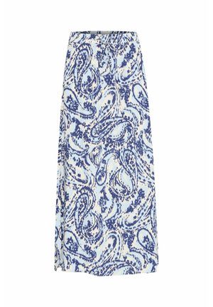 En knævlang nederdel i et lysblåt stof med et paisley-mønster i mørkere blå nuancer, med en talje og et omslagdesign.