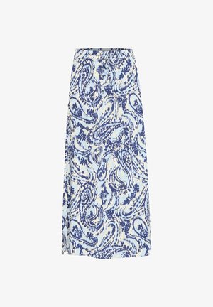 En knævlang nederdel i et lysblåt stof med et paisley-mønster i mørkere blå nuancer, med en talje og et omslagdesign.