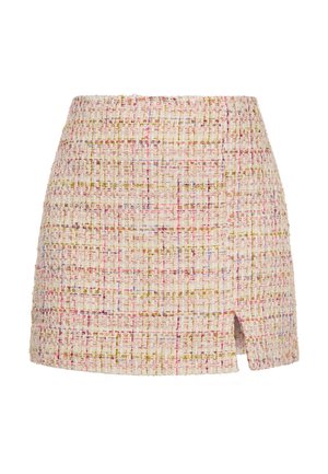 Tweed-Minirock in Pastellfarben mit gewebter Textur, ausgestattet mit einem vorderen Schlitz für zusätzlichen Stil und einem taillierten Bund.