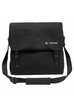 Black messenger bag made of durable fabric, featuring a fold-over flap, adjustable strap, and side buckle closures. VAUDE logo on front.