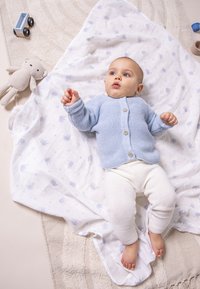 Light blue knitted cardigan with buttons, cream pants, and a patterned blanket with elephants; surrounded by a plush bunny and wooden toy truck.