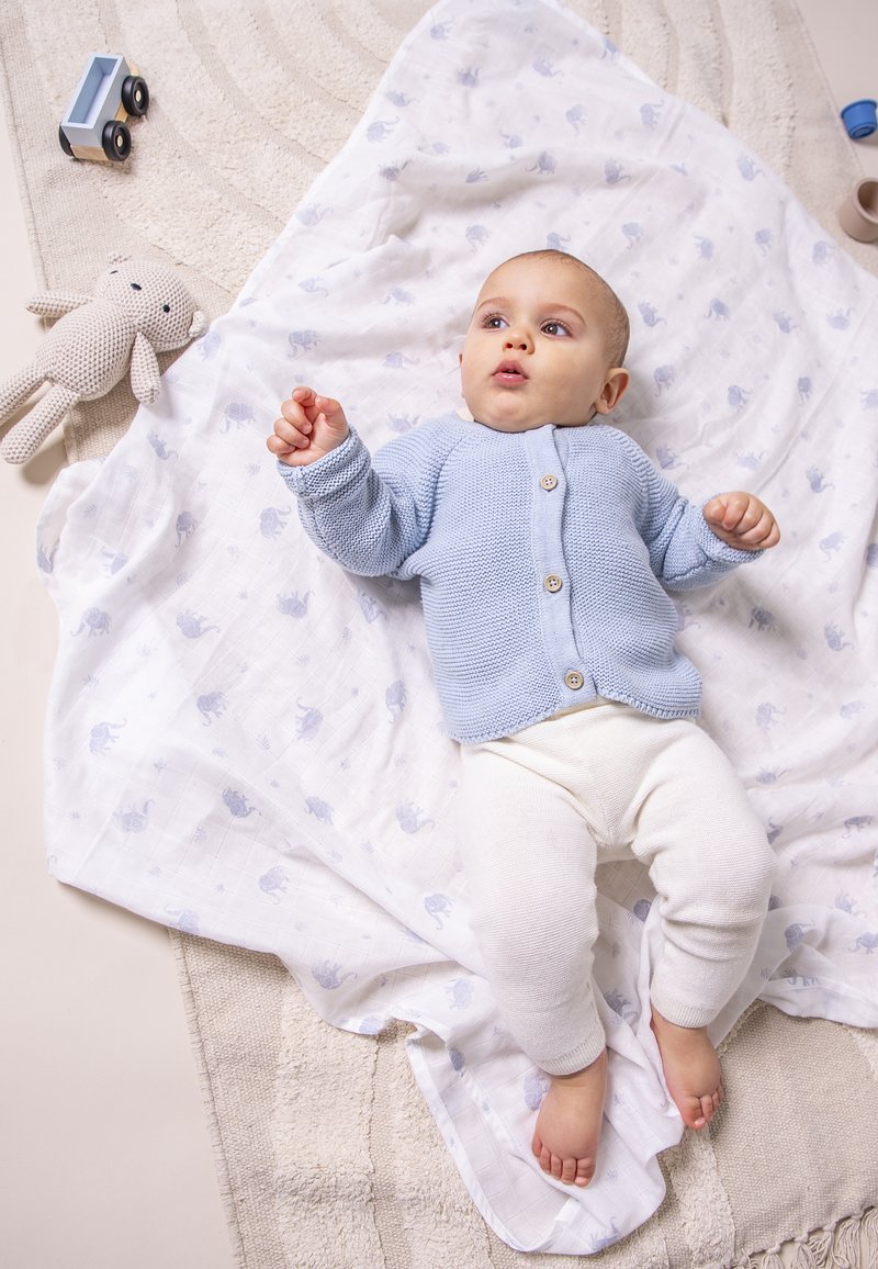 Light blue knitted cardigan with buttons, cream pants, and a patterned blanket with elephants; surrounded by a plush bunny and wooden toy truck.
