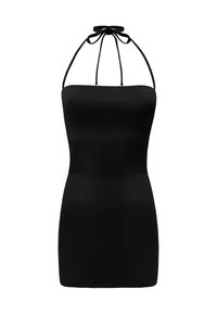 Abito nero con scollo all'americana, caratterizzato da un corpetto aderente, una texture liscia e spalline sottili legate al collo, con una silhouette lunghezza ginocchio.
