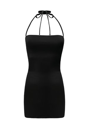 Zwarte halter-jurk met een getailleerd lijfje, een soepele textuur en dunne bandjes die rond de hals zijn geknoopt, met een jurk tot de knie.