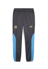 Tamsiai pilki Puma treniruočių kelnės su šviesiai mėlynomis šoninėmis juostelėmis. Yra auksinis Marseilio logotipas ir Puma prekės ženklo ženklas. Elastinė juosmeninė juosta; siaurėjantis kojų dizainas.