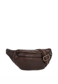 Sacoche de taille en cuir marron avec deux compartiments zippés et une sangle réglable avec une boucle en laiton.