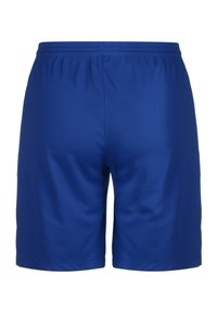Shorts de sport bleus fabriqués en matériau synthétique lisse, dotés d'une taille élastique et d'un design simple sans motifs ni accents supplémentaires.