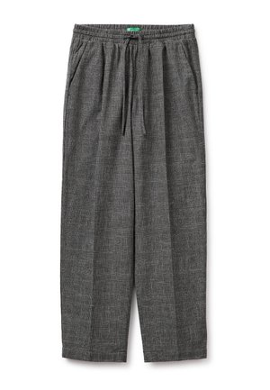Szare, luźne spodnie w kratę z elastycznym pasem i sznurkiem do regulacji, wyposażone w boczne kieszenie i prosty krój nogawek.