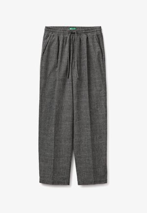 Graue karierte Hose mit weitem Schnitt, elastischem Bund und Kordelzug, mit seitlichen Taschen und geradem Bein.