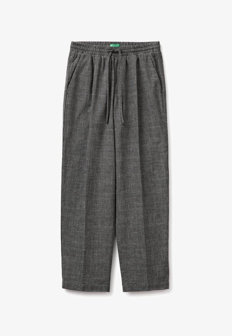 Šedé kostkované volné kalhoty s elastickým pasem a šňůrkou, s bočními kapsami a rovnými nohavicemi.