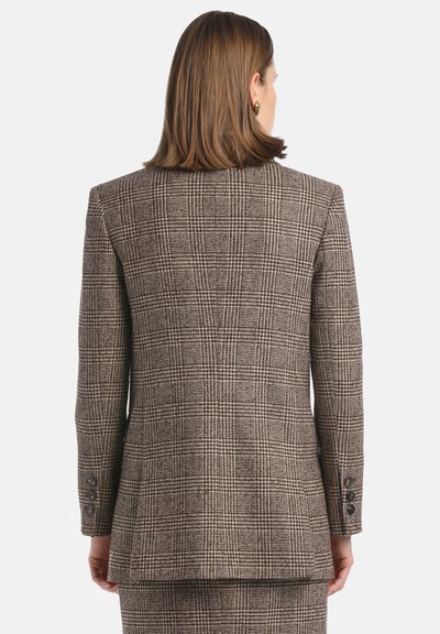 Brown plaid blazer with a structured design. Features a notch lapel, three-button cuffs, and textured fabric with a subtle pattern.