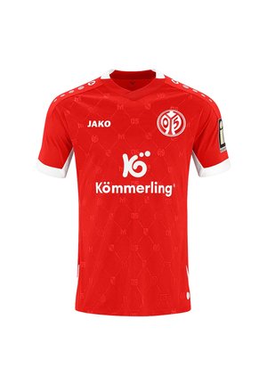 Rotes Fußballtrikot mit weißem Kragen und Ärmelsäumen, Mainz 05-Logo auf der Brust, Marke Jako, Sponsor Koe mmerling und ein Aufnäher am rechten Ärmel.