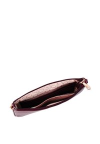 Burgunderfarbene Leder-Reißverschlusstasche mit einem Reißverschluss in Roségold. Das Innere verfügt über ein helles gemustertes Futter und mehrere Kartenfächer.