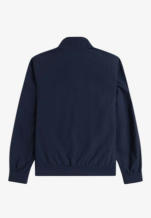 Chaqueta cortavientos ligera de color azul marino, con cuello, puños elásticos y dobladillo fruncido. Textura suave, sin patrones ni herrajes visibles.