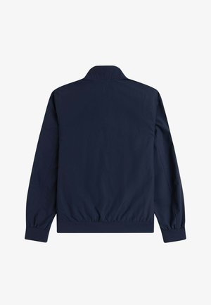 Chaqueta cortavientos ligera de color azul marino, con cuello, puños elásticos y dobladillo fruncido. Textura suave, sin patrones ni herrajes visibles.