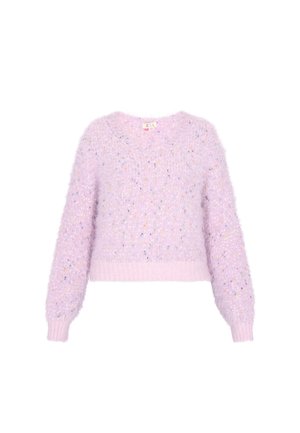 Fioletowy, puszysty sweter z długimi rękawami, dekoltem w serek i ribbrowanym dołem. Ozdobiony wielokolorowymi plamkami, które dodają tekstury.