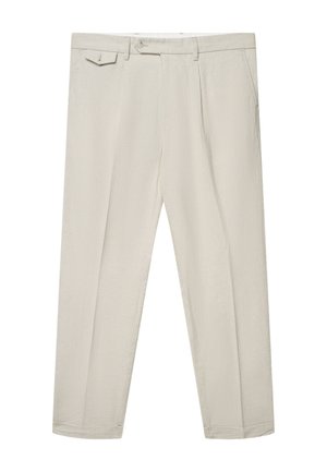 Hellbeige, maßgeschneiderte Hose mit Gürtelschlaufen, vorderer Knopfverschluss, Seitentaschen und einer kleinen Klapptasche auf der rechten Seite.