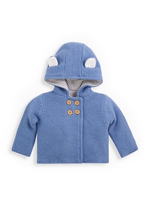 Blå strikket hættecardigan med bjørneører, der har træknapper og en stribet inderside. Blød tekstur, lange ærmer og et afslappet design.