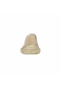 Beige suède espadrille met een ronde neus en een gevlochten jute zool. Beschikt over een gladde textuur en een elastische zijkant voor gemakkelijke instap.