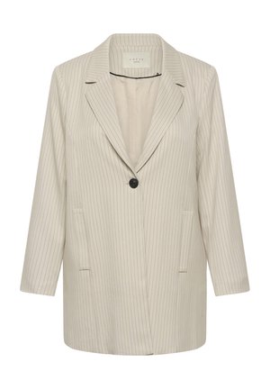 Béžové sako s dlhým rukávom s tenkými zvislými prúžkami, s jedným čiernym gombíkom na zapínanie a výrezovými klopami.