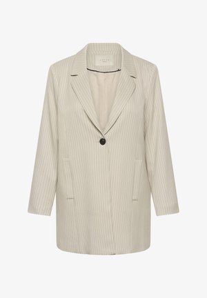Blazer beige à manches longues avec fines rayures verticales, fermeture par un bouton noir unique et revers crantés.