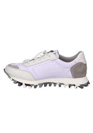 Light purple athletic shoe with white leather and gray suede accents. Features a textured rubber sole with prominent treads for grip.