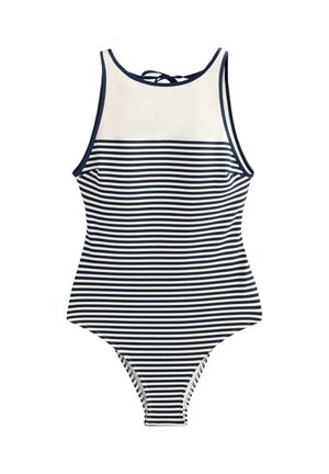 Costume intero a righe blu navy e bianche con scollo alto, design racerback e dettaglio con laccio sulla schiena. Tessuto dalla texture liscia.