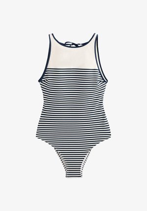 Costum de baie întreg, cu dungi albastre închis și albe, cu gât înalt, design racerback și detaliu de legare în spate. Textură netedă a materialului.
