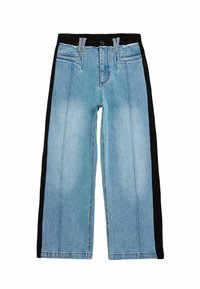 Hele sinised teksapüksid laiade sääreosadega ja mustade küljeosadega, millel on narmendav vöökoht ja traditsiooniline viie taskuga disain.