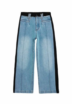 Blugi largi din denim albastru deschis, cu panouri laterale negre, având talie cu margini destrămată și design tradițional cu cinci buzunare.