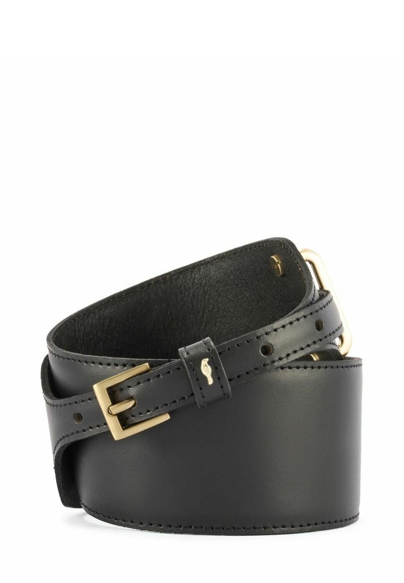 Czarny skórzany pasek o gładkiej teksturze, z złotą metalową klamrą i detalami przeszycia. Zaprojektowany w klasycznym, regulowanym kształcie.