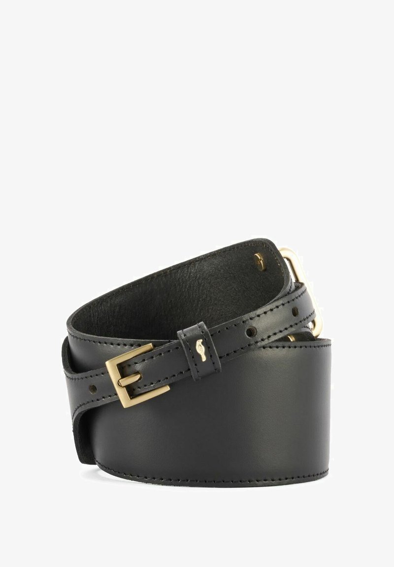 Czarny skórzany pasek o gładkiej teksturze, z złotą metalową klamrą i detalami przeszycia. Zaprojektowany w klasycznym, regulowanym kształcie.